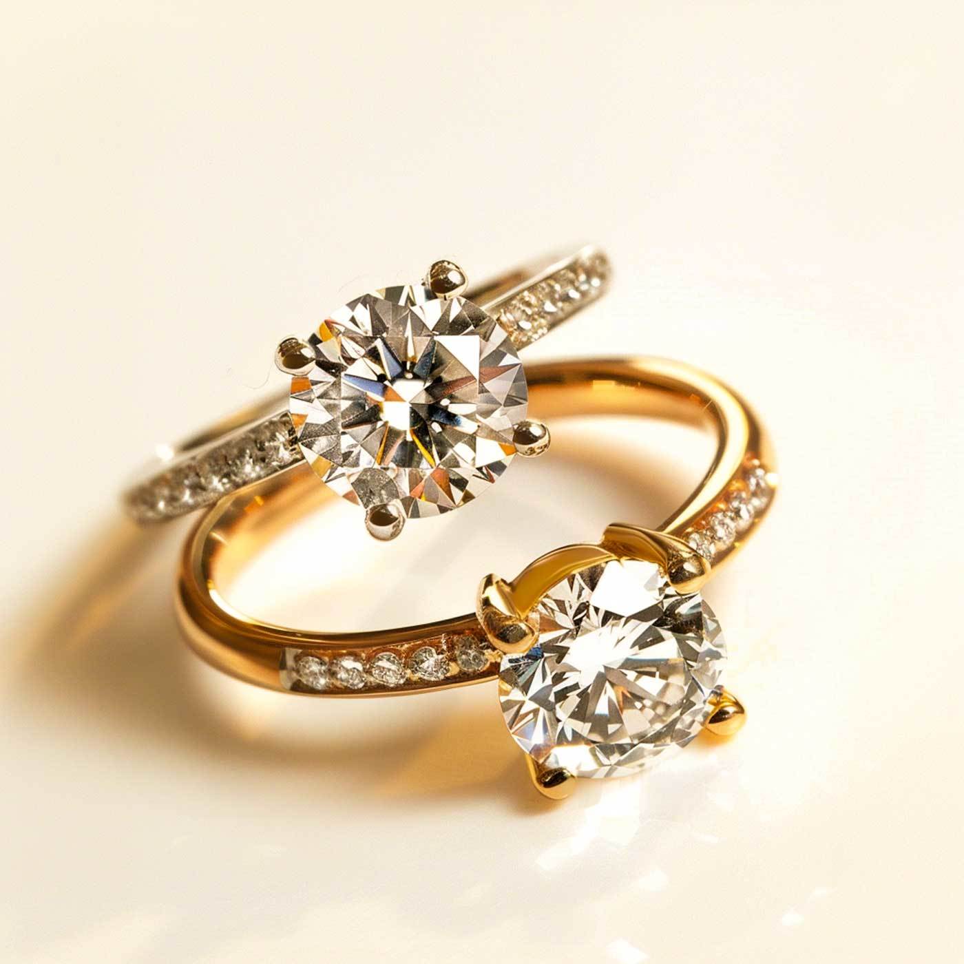 Nahaufnahme eines Diamantrings auf einer goldenen Unterlage, symbolisiert den Goldankauf bei Goldhaus Lehmann. Der Ring zeigt funkelnde Diamanten und feine Goldarbeit, ideal für Kunden, die hochwertigen Schmuck verkaufen möchten.